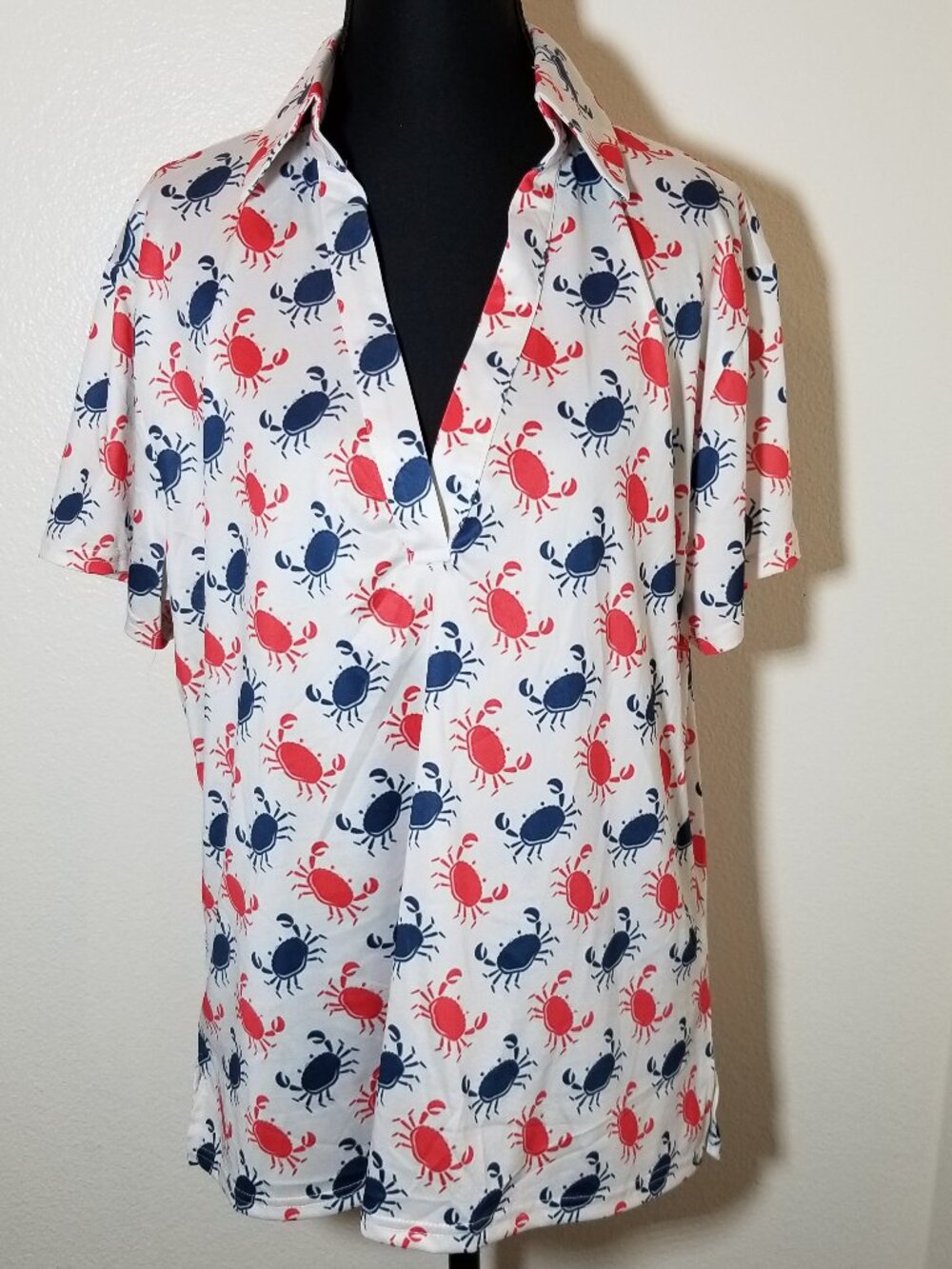 Golf Gentry Womens XL White Polo Shirt Red & Blue Crabs Beach Island Coastal NWT